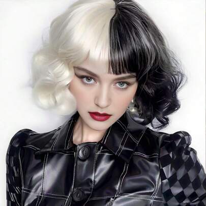 1 件/女士时尚黑白阴阳卷发假发，中长，非常适合各种服装角色扮演