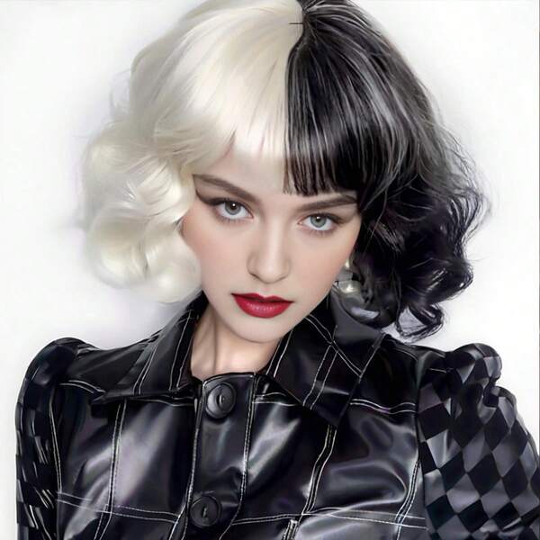 1pc/Ladies' Fashion Black And White Yin-Yang Curly Wig, Medium Length, Very Suitable For All Kinds Of Costume Role-Playing