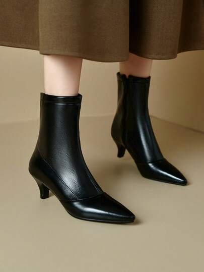 2025新款女士纯色小猫跟侧拉链时尚踝靴，秋冬款