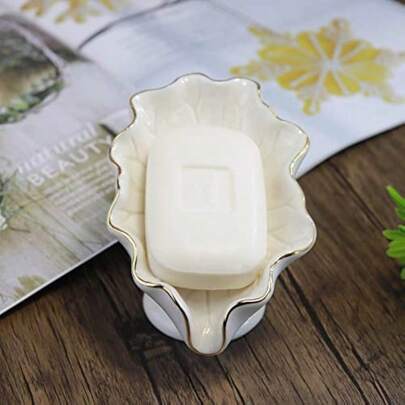 Christmas 1pc Bar Counter., Kitchen, Soap Dish Ceramic White Lotus Leaf Shape Soap Holder Self Draining Soap Dish Waterfall Slot Sponge Holder Bathroom Accessories For Bathroom