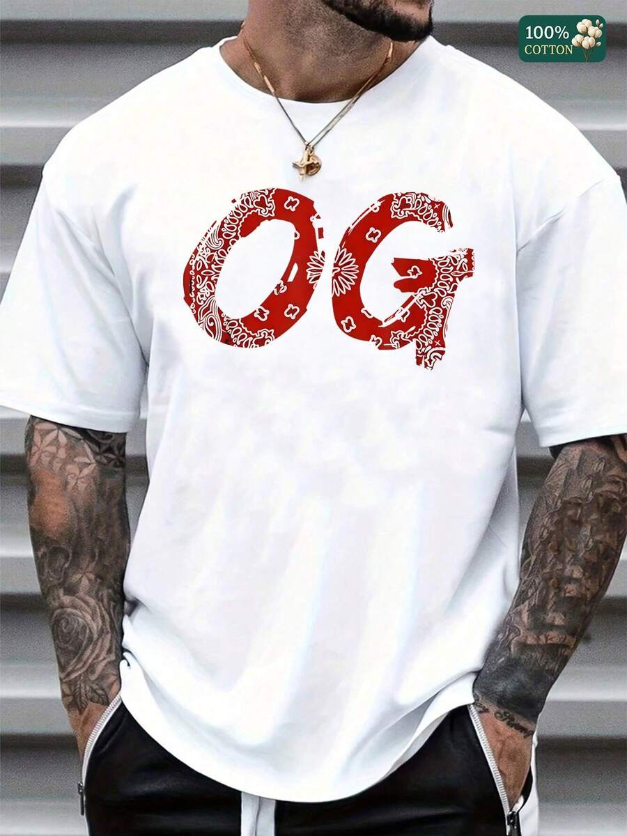 Men's Vintage Bandana Print Graphic T-Shirt, Retro OG Lette In Red & White Paisley, Soft Cotton Casual Tee For Everyday Wear, Gift For Men Who Love Classic Style, Pairs Great With Jeans Or Shorts - trắng - Xem 1