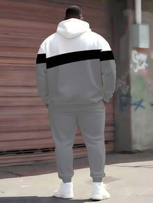 Set tuta da uomo con cappuccio "Pattern Color Block" in taglie comode, stile sportivo per primavera, autunno e inverno, 2 pezzi - Felpa con cappuccio comoda e ampia + pantaloni jogger, stile casual e versatile per lo streetwear e l'hip hop