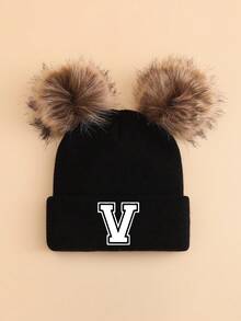 1 pieza Gorro de punto personalizado con letra A-Z para niños, gorro de punto suave y cómodo con doble pompón, adecuado para otoño/invierno, vuelta al colegio, cálido y a prueba de viento para niños y niñas