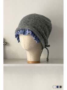 Letter Knitted Cuffed Beanie Hat For Women, Autumn/Winter, Fashionable, Face-Slimming, Large Head Circumference, Cold-Proof, Simple, Versatile, Ear-Warming, Knitted Hat With Plaid Ruffle, Grey - Multicolor - View 4