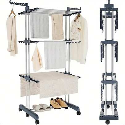 Piorlado Clothes Drying Rack 3 Tier Adjustable Rolling Laundry Hanger With Foldable Wings Large Garment Dryer With Casters For Outdoor Indoor