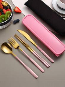 4 件套不锈钢便携式餐具套装，带盒旅行用具，可重复使用的露营银器套装，包括叉子、勺子、筷子和盒子，适用于西餐厅、厨房、午餐盒、办公室、野餐、日常使用、圣诞节，可组合作为圣诞礼物、学校用品 - 彩色 - 查看 7