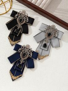 1枚优雅设计布艺蝴蝶结手工宫廷合金闪亮全钻胸针，高贵女士胸针，奢华珠宝胸针，适合约会和日常佩戴 - 復古 - 查看 2