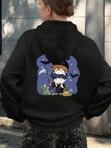 Mujer003-1 Sudadera de mujer Halloween invierno sudadera de manga larga es cómoda y suave Sudadera con diseño atractivo para el Halloween, featuring un chico brujo y otro sosteniendo un hoz, con batallas y calabazas en el fondo - Negro - Ver 1