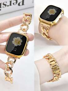 1pc Gold Hollow Chain Bracelet Wristband Metal Band & Gold Protective Case With Screen Protector For Apple Watch Ultra 3/2/1, SE, S10-S1, 38mm/40mm/41mm/42mm/44mm/45mm/46mm/49mm, Suitable For Men And Women, Elegant Gift