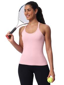 Camisetas sin mangas para entrenamiento para mujer, sujetadores incorporados, camisetas sin mangas deportivas con espalda cruzada y relleno, camisetas de yoga acanaladas - Rosa claro - Ver 8