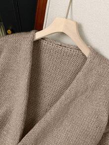 Cárdigan suelto de frente abierto y unicolor elegante para mujer con hombros caídos y mangas farol, chaqueta de suéter casual de punto acanalado de poliéster para uso diario y citas, otoño/invierno