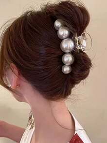 1pc Fashion Pearl Large Minimalist Elegant Acrylic Hair Claw Clip, Suitable For Party, Commute, Outfit Matching - Multicolor - View 7