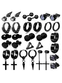25/27 件黑色不锈钢耳环套装，男士十字架和羽毛吊坠链，嘻哈朋克圈形耳环 - 30件/套 A - 查看 3
