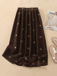 秋冬复古棕色灯芯绒绣花裙，秋季及膝绣花裙，校服裙，复古老钱裙，万圣节和圣诞节裙