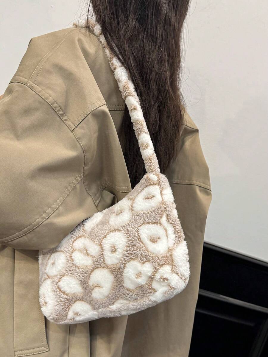 Women's Leopard Print Plush Fashionable Luxury Lightweight Shoulder Bag - Khaki - View 1
