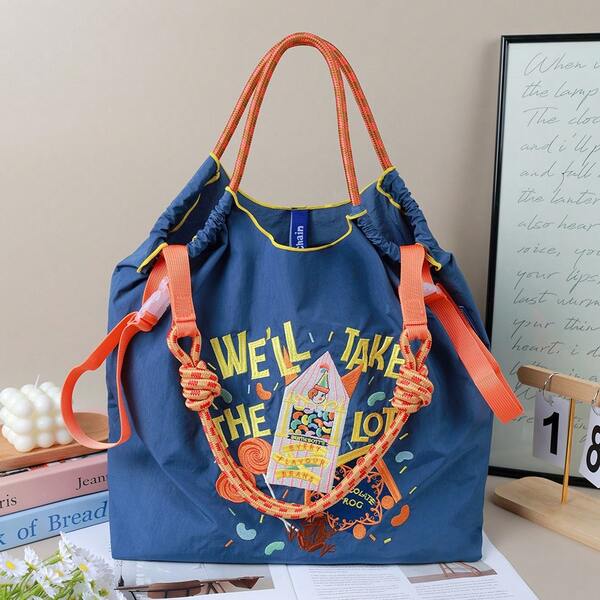 New Casual Fashion Embroidered Pattern Foldable Nylon Shopping Tote Bag, Large Capacity Suitable For Commuting, Shopping, Beach, Party, Handheld Or Shoulder Carry