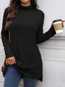 Womens Knit Tops Fall Long Sleeve Turtleneck Solid Color Slit Hem Casual Pullover Sweater - Black - View 5