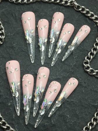 CrystalHola 10 Handmade Long Water Droplet Shaped/Hand-Painted Stripe Design/Glossy Halo Finish/Pearl/Pink Gradient/Reusable/Three-Dimensional Diamond, Very Shiny, Suitable For Attending Music Festivals, Parties, And Christmas, Is The First Choice For Girls And Women's Nail Art