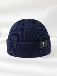 MAKEFGE 1pc Unisex Outdoor Autumn/Winter Casual Warm Personalized Cross Patch Soft Comfortable Elastic Beanie Knit Hat Skull Cap Pullover Hat Suitable For Daily Wear - B - View 7