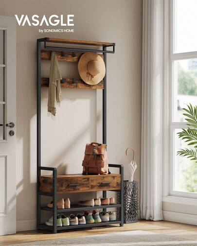 VASAGLE Árbol de pasillo con banco y almacenamiento de zapatos, perchero de entrada con banco para zapatos, 2 cajones de tela, 10 ganchos, 11.8 X 31.7 X 71.5 pulgadas