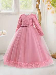少女优雅花卉蕾丝网纱长袖花童礼服，不含头饰 - 藕粉色 - 查看 3