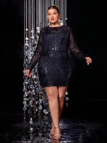 Plus Size Women's Glittering Sequin Party Dress, Elegant Fashion Suitable For Special Occasions, Autumn Dress, Eye-Catching Women's Fashion, Perfect For Romantic Nights And Special Events