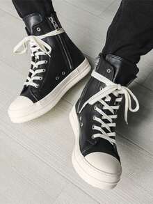 Teenagers' High-Top Lace-Up Canvas Sneakers, Thick Sole, Casual Versatile Couple Shoes