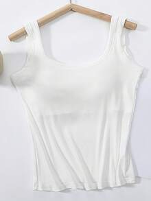 1pc U-Neck Backless Removable Padded Slim Fit Casual White Basic Camisole Top - White - View 7