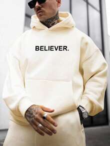 男士字母印花极简连帽衫，秋季款 - 杏色 - 查看 4