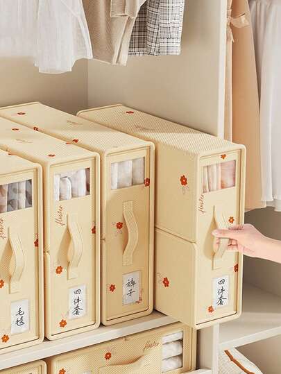 1pc Oversized & Large Bed Sheet Organizer & Storage, With Window & Label, Foldable Bed Sheet Organizer With Handle, Beige