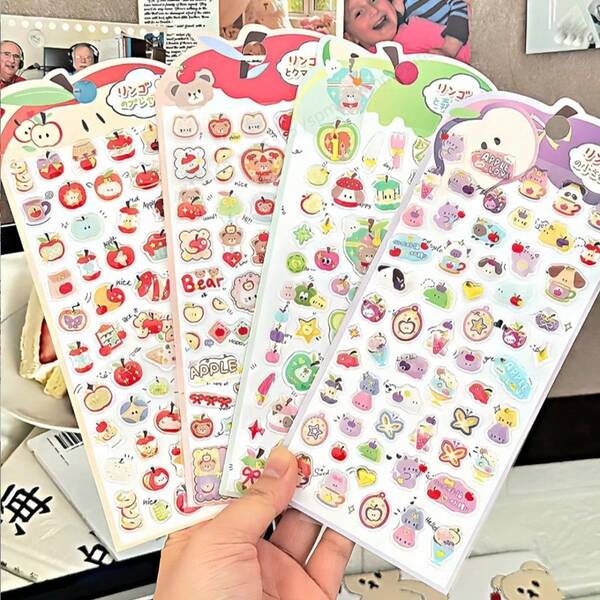 1 Sheet 4-Color Apple Paradise 3D Crystal Cartoon Stickers, Cute Apple, Panda, Cat Doodle Stickers In Ins Style, Suitable For Student Planner, Phone Case, Gift Decoration, Handmade