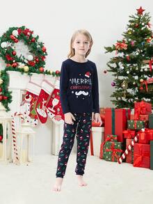 2pcs Christmas Family Matching Girls Snug Fit Pajamas, Fun Letter & Santa Hat Print Long Sleeve Top And Pants, Comfortable Soft Homewear Set, Holiday Gift - Multicolor - View 6