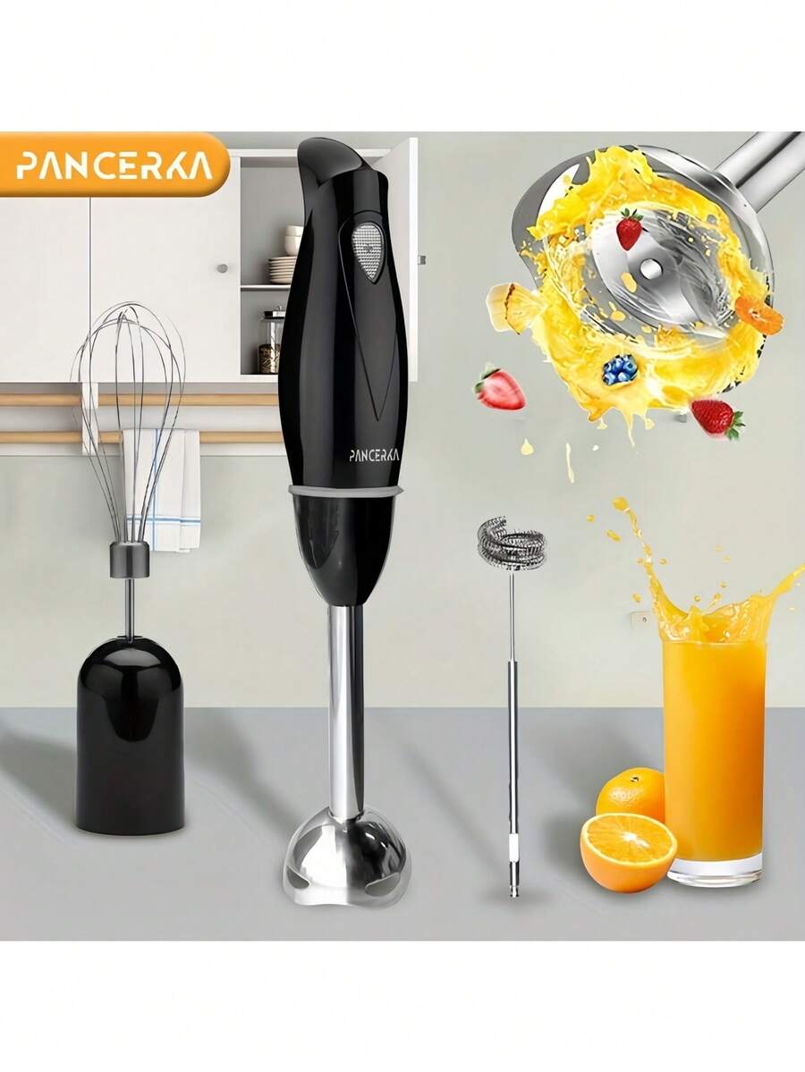 1 套 PANCERKA 100W 多功能手持搅拌机,重型铜芯电机,304 不锈钢材质,包含打蛋器和奶泡器配件,不锈钢刀片,适用于制作汤、冰沙、果泥(欧标插头) - 查看 1
