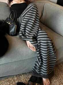 Pantalones anchos de pierna ancha de bloque de color clásico extremadamente relajados, pantalones maxi vintage gruesos y cálidos (patrón de rayas aleatorio) Primavera - Gris Oscuro - Ver 2