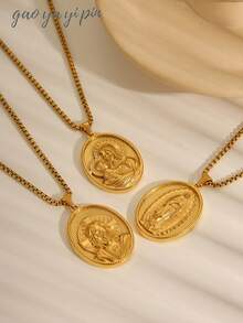 1pc 18K Gold Plated Vintage Oval Virgin Mary Christian Cross Stainless Steel Pendant Necklace, Suitable For Men, Women, Couples For Daily Wear And Christian Holiday Gifts