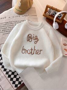 Boys' Simple English Letter Embroidery Knit Pullover Sweater, Suitable For Casual Everyday Wear, Spring/Autumn/Winter - Apricot - View 2