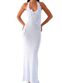 Women's Halter Neck Knit Dress Sleeveless 3D Flower Hollow Out Bodycon Long Dress Beach Dress Cover Up - 藍色 - 查看 1