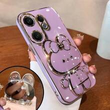 1pc Electroplated TPU Rabbit Phone Holder + 1pc Electroplated Gold Rabbit Hidden Mirror Phone Case + Beaded Flower Bracelet Compatible With IPhone 16, 15 Pro, S24, S23, S22, S21, A11, A12, A13, A14, A53, A54, OPPO A54, Vivo Y21, Redmi Note 9 Pro - Purple - View 2