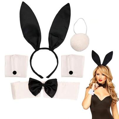 4/5 Pcs Christmas Bunny Girl Costume Set, Couple Cosplay Prop, Includes Black Bunny Ear Headband, Bow Tie, Cuffs, Bunny Tail Accessory And Long Fingerless Gloves. Women's Halloween Outfit, Suitable For Adult Animal Theme Party Role Play, Also Essential For Easter Party, Best Holiday Party Prop, Valentine's Day Gift And Christmas Costume Set.