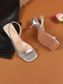 1 par de sandalias de tacón con cierre deslizante de color plateado para adolescentes, de material suave de PU, con punta abierta, tacón de aguja, elegantes y de moda, adecuadas para uso diario, casual, viajes y oficina en verano