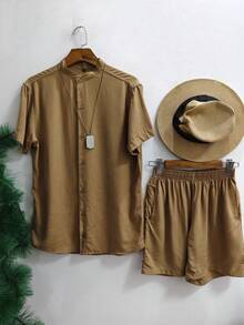Short Sleeve Priest Collar Shirt And Plain Shorts Set For Men Adults 100% Viscose Fabric With Elastane Shrinks A Little - 深卡其色 - 查看 1