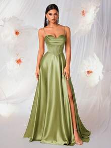 Elisanya Women's Elegant Spaghetti Strap Pleated Fishtail High Waist A-Line Backless Tie Dress - Green - View 5
