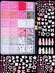 24 Grid Nail Charms, Nail Art Kit With Multi Shapes Nail Charms And Gems, Flatback AB Nail Rhinestones, Colorful 3D Hawaii Flowers Nail Jewels Clear White Pink Gold Pearls Flatback Resin Jelly Rhinestones And Gems For DIY Nail Design Crafts Make Up