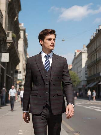 Men's 3 Pieces Suit Grid Pattern Double Breasted Regular Fit Party Businces Wedding Blazer Vest Pants Set Dark Grey Size XS-3XL