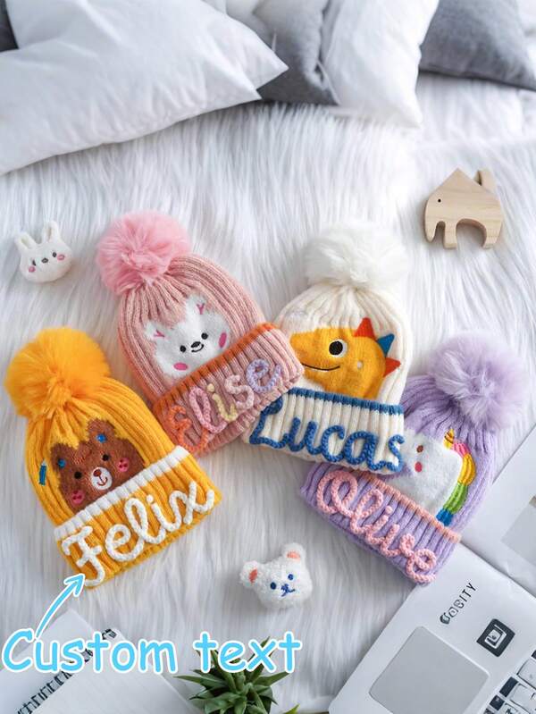 1pc Personalized Embroidered Beanie – Custom Name, Adorable Animal/Dino Patterns, Pompom, Winter Hat, Baby Shower Gift
