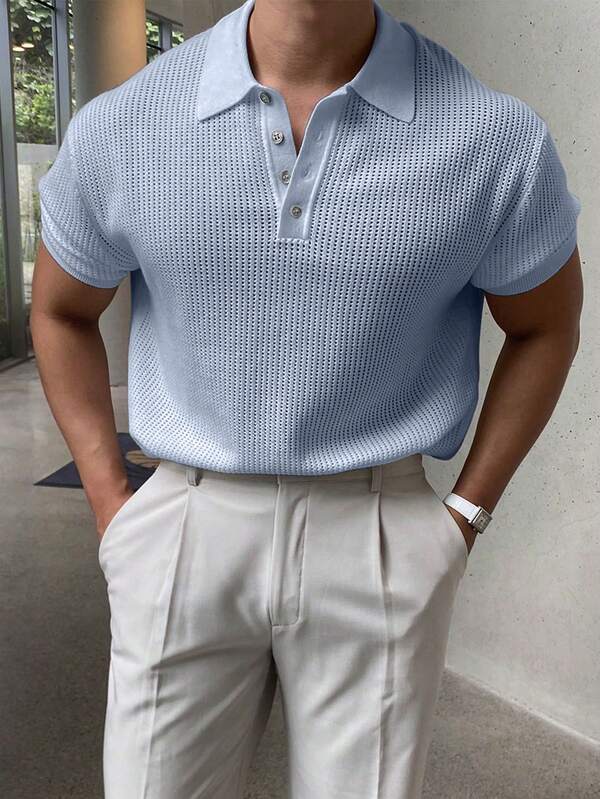 Men's Hollow Design Knitted Polo Shirt, Minimalist & Fashionable, Suitable For Summer