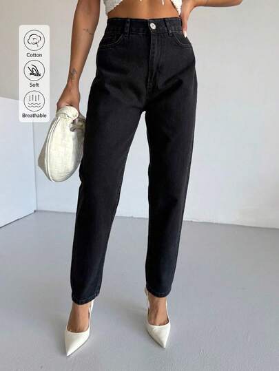 Hoch taillierte Knie Laser zerrissene Freund Mutter Jeans, einfarbig zerstört asymmetrische/asymmetrische Taschen