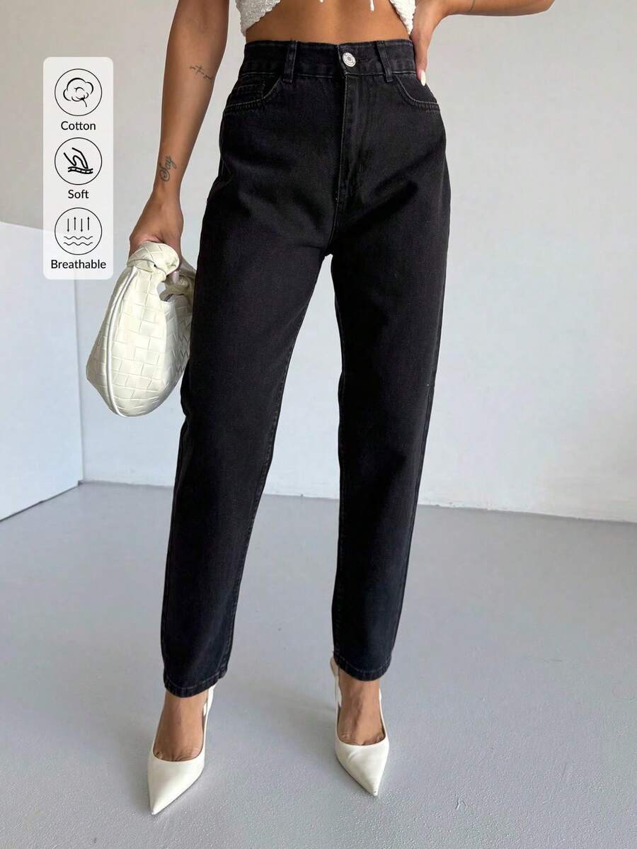 Hoch taillierte Knie Laser zerrissene Freund Mutter Jeans, einfarbig zerstört asymmetrische/asymmetrische Taschen