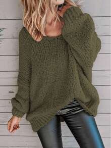 Plus Size Solid Color Crew Neck Casual Long Sleeve Knit Sweater Vacation - Army Green - View 2