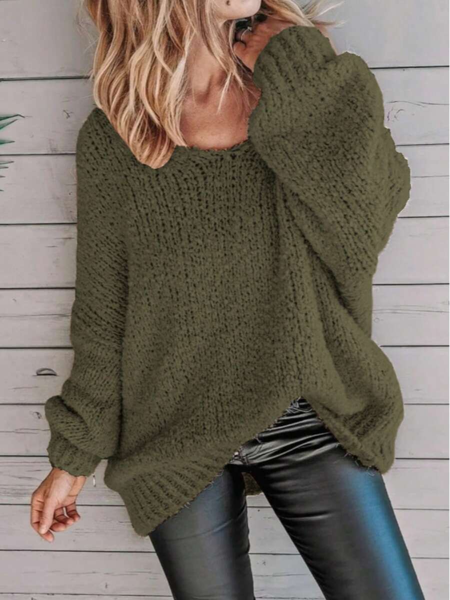 Plus Size Solid Color Crew Neck Casual Long Sleeve Knit Sweater Vacation Fall - Army Green - View 1